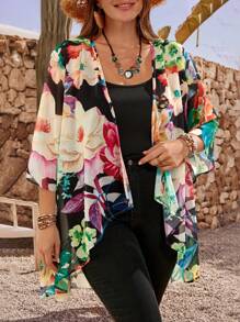 EMERY ROSE Áo khoác cardigan hở phía trước họa tiết hoa cỡ lớn cho nữ, tay áo 3/4, trang phục thường ngày khi đi nghỉ - Nhiều màu - Xem 3