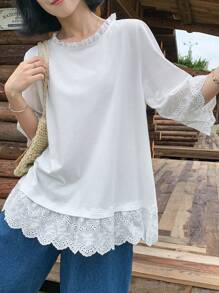 FRIFUL Camiseta de manga corta casual y holgada con cuello redondo y parches de encaje para mujer, para verano