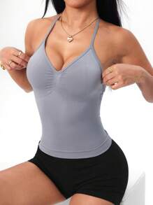 SHEIN Sports 女式纯色褶饰挂脖日常健身运动背心 - 灰色 - 查看 5