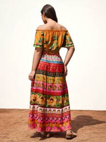 Maija Set da due pezzi da donna taglie forti, composto da blusa spalle scoperte a maniche corte con stampa palme e gonna lunga a vita alta con spacco laterale