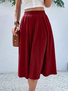 Breezaya Simple Solid Color Casual Vacation Skirt, Summer - Burgundy - View 3
