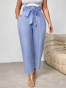 Firerie Elegante Büro Stoffhose in Große Größen mit Raffung, Bindedetail in Taille, elastischer Bund mit Taschen und verjüngtem Bein/Lässige Stoffhose mit Bindung in Karomuster - Blau-Weiß - Übersicht 6