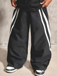 Coolane Tween Boys Summer Streetwear Loose Fit Baggy Nylon Pants With Side Tape Detail & Drawstrings,Seasonal Casual Drawstring Cargo Pants, Back-To-School Collegiate Style, Unlined,Graduation Pants,Parent-Child Clothing - Black - View 4