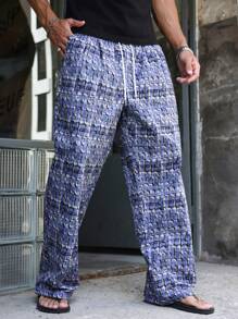 Manfinity Homme Pantalon décontracté ample à jambes droites avec taille à cordon pour hommes, à carreaux, gris-bleu, bleu clair, automne, streetwear, polyvalent pour escapade urbaine, vacances et rave - Bleu gris - Voir 4