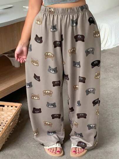 Dazy Plus Plus Cute Animal Print Elastic Waist Loose Pajama Cozy Pants, Home Sleepwear Bottom, Fall & Winter
