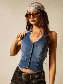 Easelle 夏季女装复古西部嬉皮女牛仔水洗蓝色牛仔露背上衣简约时尚适合音乐节 - 藍色 - 查看 5