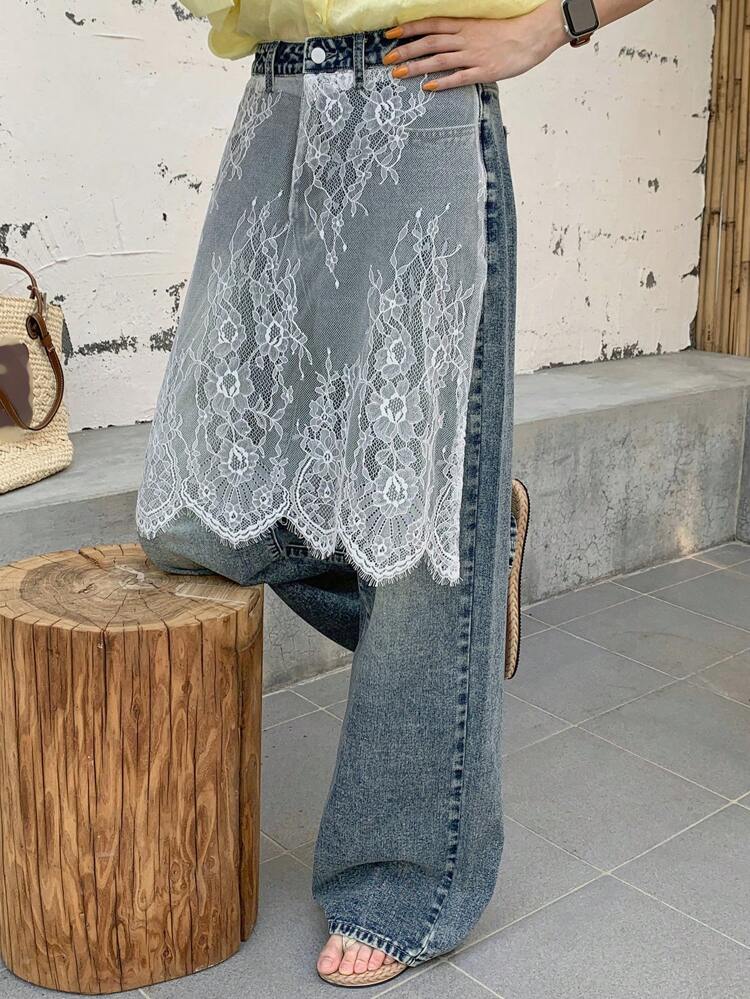 Washed Loose Wide Leg Contrast Lace Skirt With Denim Look Pants, All Seasons Women Jeans