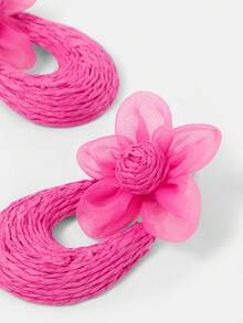 SHEIN SXY Raffia U-Shaped Floral Earrings, Suitable For Vacation Wear - Hot Pink - View 3