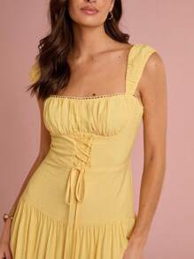 Enchnt Vestido largo de mujer romántico, sin mangas, de cuello cuadrado con tirantes cruzados, de color amarillo sol, para primavera/verano, dulce y elegante para vacaciones, citas, días festivos, fiestas, graduaciones, invitadas de boda, playa, bailes de graduación, vestidos de verano para mujeres, ropa de verano, vestidos elegantes de mujer, vestidos elegantes para fiestas
