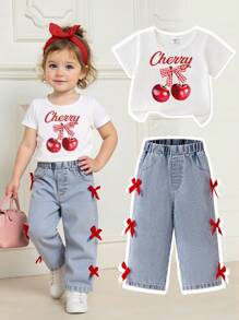 SHEIN Playful Pals 女婴夏季可爱粉色蝴蝶结樱桃印花短袖上衣和做旧蝴蝶结牛仔裤套装