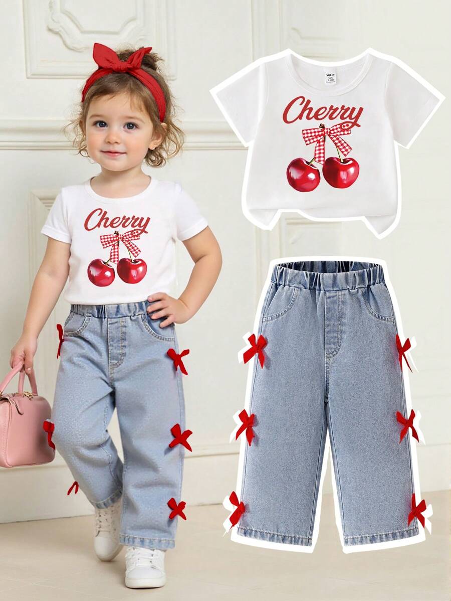 SHEIN Playful Pals 女婴夏季可爱粉色蝴蝶结樱桃印花短袖上衣和做旧蝴蝶结牛仔裤套装