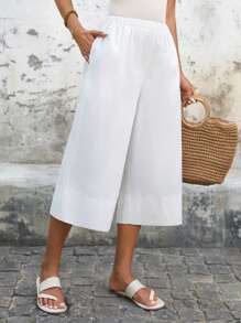 EMERY ROSE Quần Palazzo trơn màu dành cho nữ, quần Capri màu trắng mặc thường ngày, đi nghỉ hè, quần mùa hè cotton 100% dành cho nữ - trắng - Xem 8