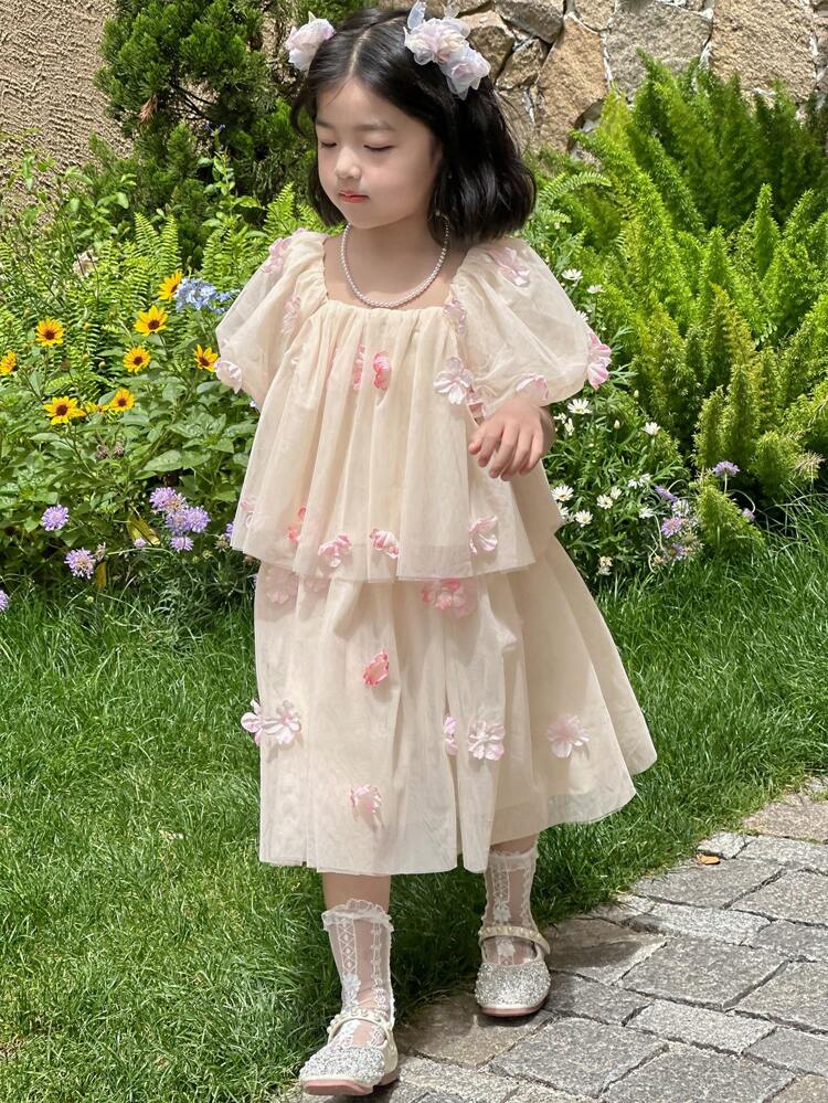 Young Girls Crew Neck Mesh Floral 3D Embroidery Sleeveless Top With Puffy Mini Skirt, Formal Dress Set,Girls Summer Outfits Easter