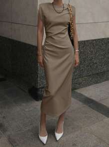 DAZY 女士圆领宽松腰后开衩连衣裙 - 棕色 - 查看 2