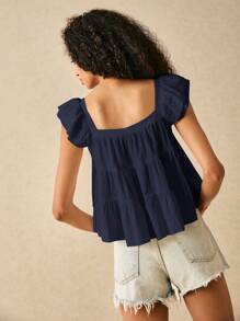 SHEIN Frenchy Square Neck Navy Blue Women's Blouse With Flared Hem And Woven Fabric Summer