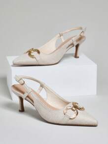 SHUZIA 女士舒适尖头小猫跟装饰露跟亚麻鞋 - 米色 - 查看 1