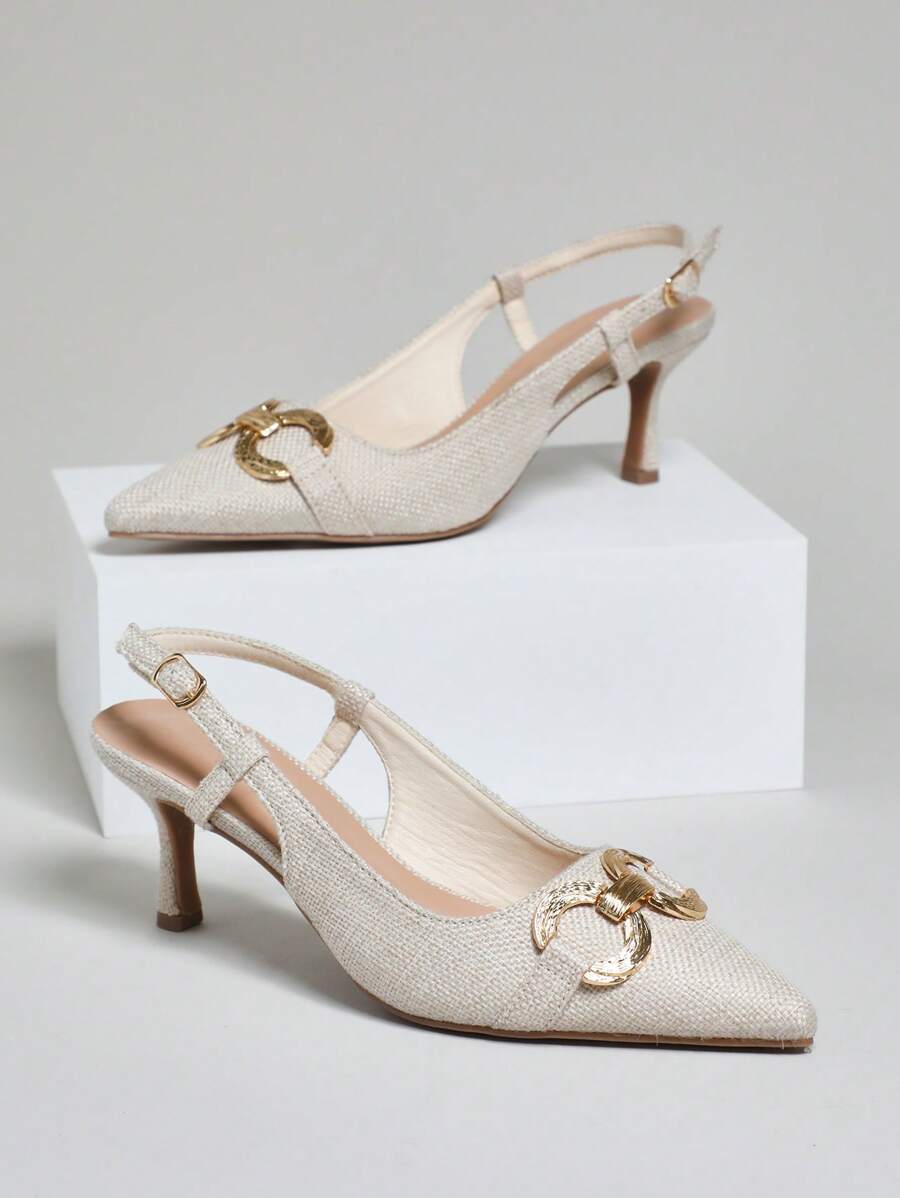 SHUZIA 女士舒适尖头小猫跟装饰露跟亚麻鞋 - 米色 - 查看 1