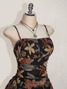 SHEIN ICON Vestido de tamaño talla grande grande para mujer con estampado vintage de hojas de arce con volantes, apto para vacaciones o vuelta al colegio, adecuado para verano