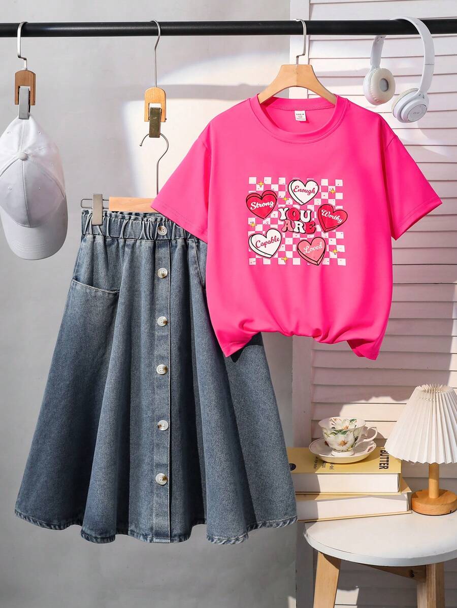 Tween Girls Checkerboard Heart Print T-Shirt & Denim Pocket Button Decorative A-Line Skirt Set - Hot Pink - View 1