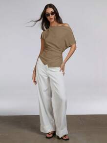 Athîral 女式夏季纯色不对称领口褶皱时尚衬衫上衣 - 軍綠色 - 查看 5