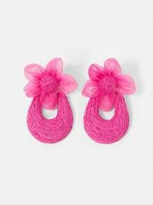 SHEIN SXY Raffia U-Shaped Floral Earrings, Suitable For Vacation Wear - Hot Pink - View 1