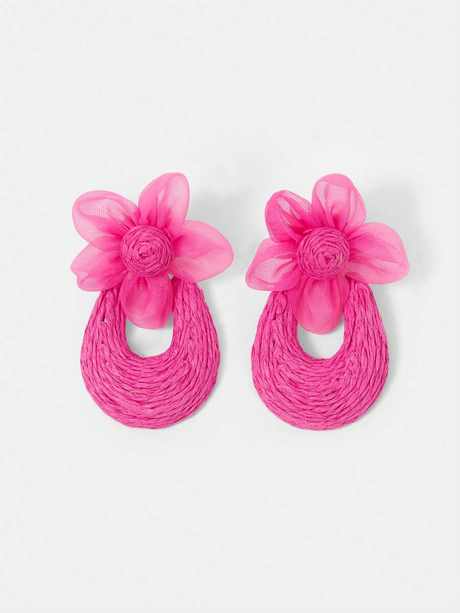 SHEIN SXY Raffia U-Shaped Floral Earrings, Suitable For Vacation Wear - Hot Pink - View 1