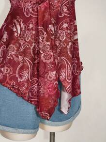 SHEIN ICON Blusa para mujer talla grande estilo retro con estampado, escote en V y espalda descubierta, ideal para vacaciones y salidas casuales, estilo boho hippie Y2K - Burdeos - Ver 6