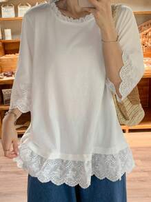 FRIFUL Camiseta de manga corta casual y holgada con cuello redondo y parches de encaje para mujer, para verano