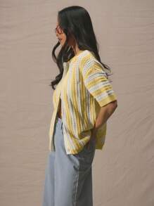 MUSERA Cardigan court à manches courtes, boutonnage traversant, épaules tombantes, style oversize rayé. printemps-été, idéal pour les vacances, la plage, l'aéroport, le quotidien chic - Jaune citron - Voir 2