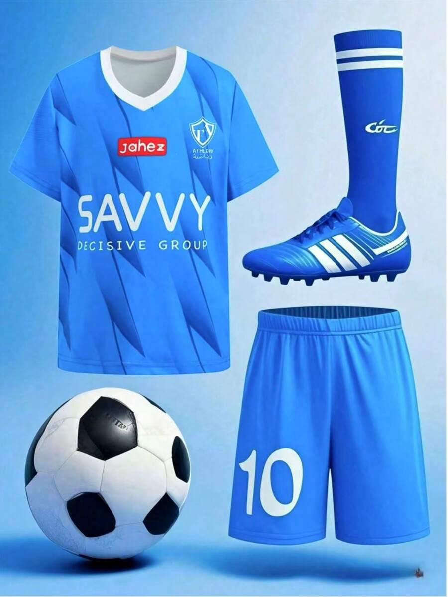 SHEIN Fantacosmos 男童 2 件套夏季儿童短袖 T 恤和短裤套装，酷炫足球印花设计，舒适休闲运动装，适合夏季上学和户外