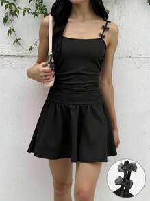 SHEIN Teen Girls Fitted Casual Dress With Bow Decor And Ruched Waist - Black - View 4