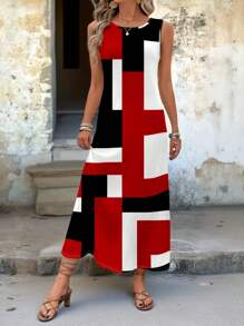 EMERY ROSE Casual Simple Color Block Pattern Dress For Women, Suitable For Summer,Bohemian Clothes Chic Dress - Multicolor - View 4