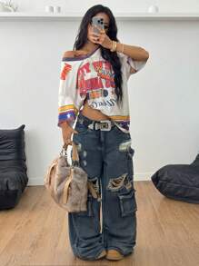 Coolane 女式夏季外出复古 Y2K 数字图案超大棒球服球衣 - 彩色 - 查看 6