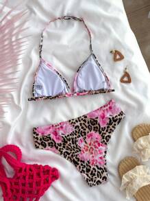 SHEIN Leap Crew Teen Girl Leopard Print Spaghetti Strap Tank Top And Matching Leopard Print Bikini Swimsuit Set, Summer Holiday - Pink - View 2