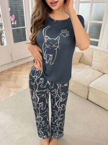 SHEIN 2件套手绘猫咪线条图案印花针织圆领短袖睡衣套装 女士睡裤睡衣套装 短款女士睡衣套装 女士睡裤 - 彩色 - 查看 6