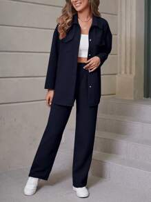SHEIN Unity 2pcs Women's Solid Color Long Sleeve Button-Up Shirt And Pants Set Fall Cloth For Women - Navy Blue - View 4