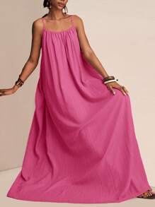 Slaydiva 大码女式纯色褶皱宽松休闲长款连体裤连衣裙，适合度假、吊带裙、夏季穿着，粉色长款连衣裙，夏季长款连衣裙，吊带长裙，休闲长款连衣裙 - 玫紅色 - 查看 4