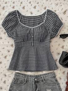 TEENGIRL Checkered Woven Casual Retro Style Short Sleeve Shirt, Summer