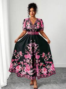 Elenzga 大码女式泰国、马尔代夫度假海滩度假村波西米亚风格印花V领盖袖连衣裙，收腰，春夏 - 彩色 - 查看 6