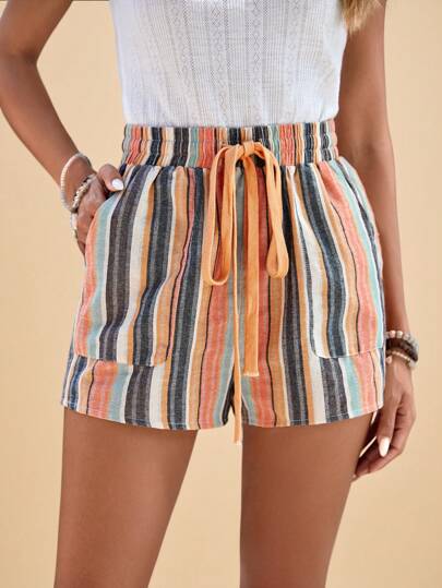 Travachic 夏日海滩条纹抽绳腰斜口袋短裤
