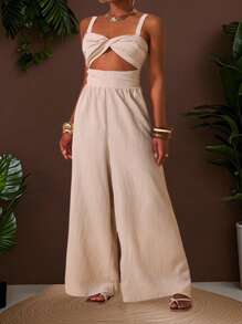 Slaydiva Quần dài ống rộng nữ chất liệu vải dệt họa tiết, kiểu dáng mới cho mùa xuân hè, thích hợp cho kỳ nghỉ, đám cưới, lễ hội âm nhạc, tiệc tùng, dạo phố, nghỉ mát biển, phong cách Bohemian. - Màu Khaki - Xem 1