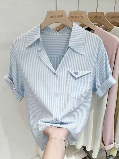 INAWLY 女士休闲条纹短袖衬衫，夏季