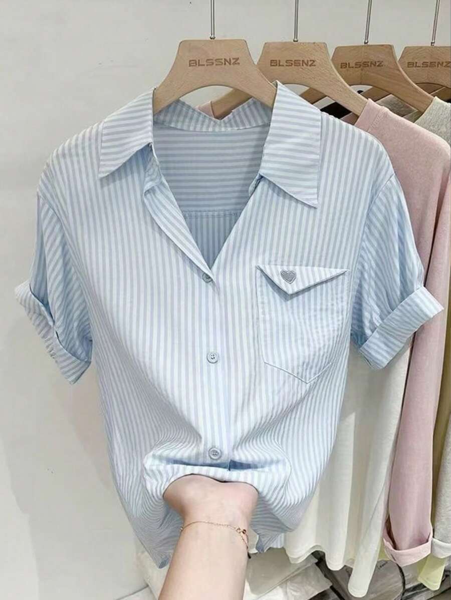 INAWLY 女士休闲条纹短袖衬衫,夏季 - 淺藍色 - 查看 1