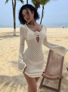 DAZY 女士碎花露背镂空喇叭袖毛衣连衣裙 Y2k，沙滩度假装 - 杏色 - 查看 2