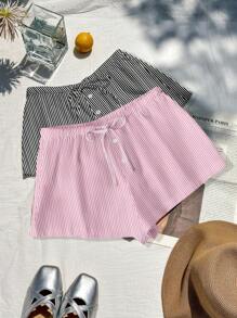 Comfortcana 2 件套女士黑白、粉白条纹休闲纽扣蝴蝶结细节短裤套装，适合夏季 - 彩色 - 查看 6