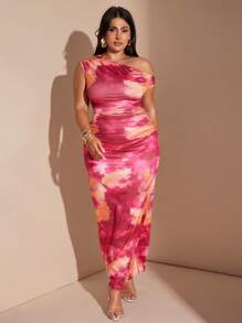 SHEIN BAE Plus Size Women Purple Tie Dye Pattern Print Elegant Long Asymmetrical Neck Bodycon Knit Dress, Suitable For Daily Wear, Commute, Outing, Date, Afternoon Tea, Vacation,Birthday Dresses For Women