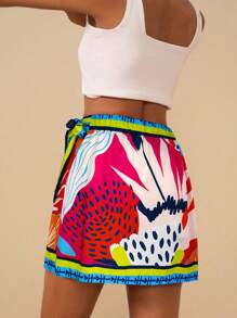 Travachic 女式花卉印花系带腰部不对称下摆时尚中长裙，度假风格