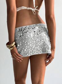 Aloruh Women's Party Glitter Mini Low Waist Bodycon Mesh Sequin Skirt