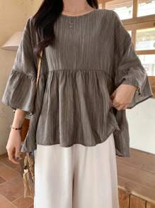 FRIFUL Women's Gray Ruffled Collar Blouse, Summer Wear,Babydoll Top - Grey - View 3