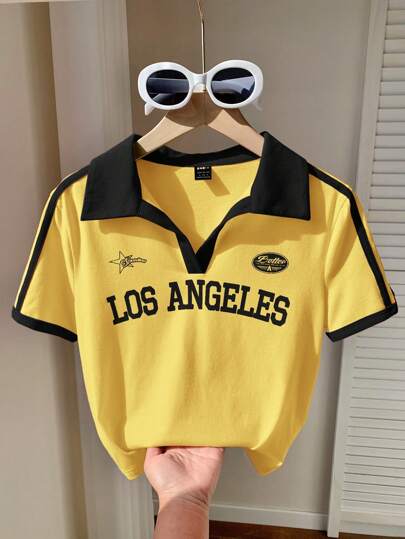 Comfortcana レディースヴィンテージアメリカンスタイル カラーコントラスト プリント ポロカラー スリムフィット Tシャツ